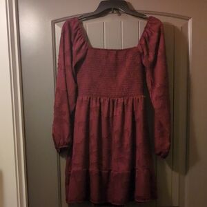 Rue21 Burgundy Long Sleeve Smocked Babydoll Dress
